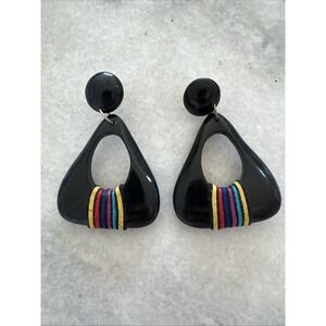 Vintage 1980's Black Dangle Earrings With Rainbow‎ Stripe